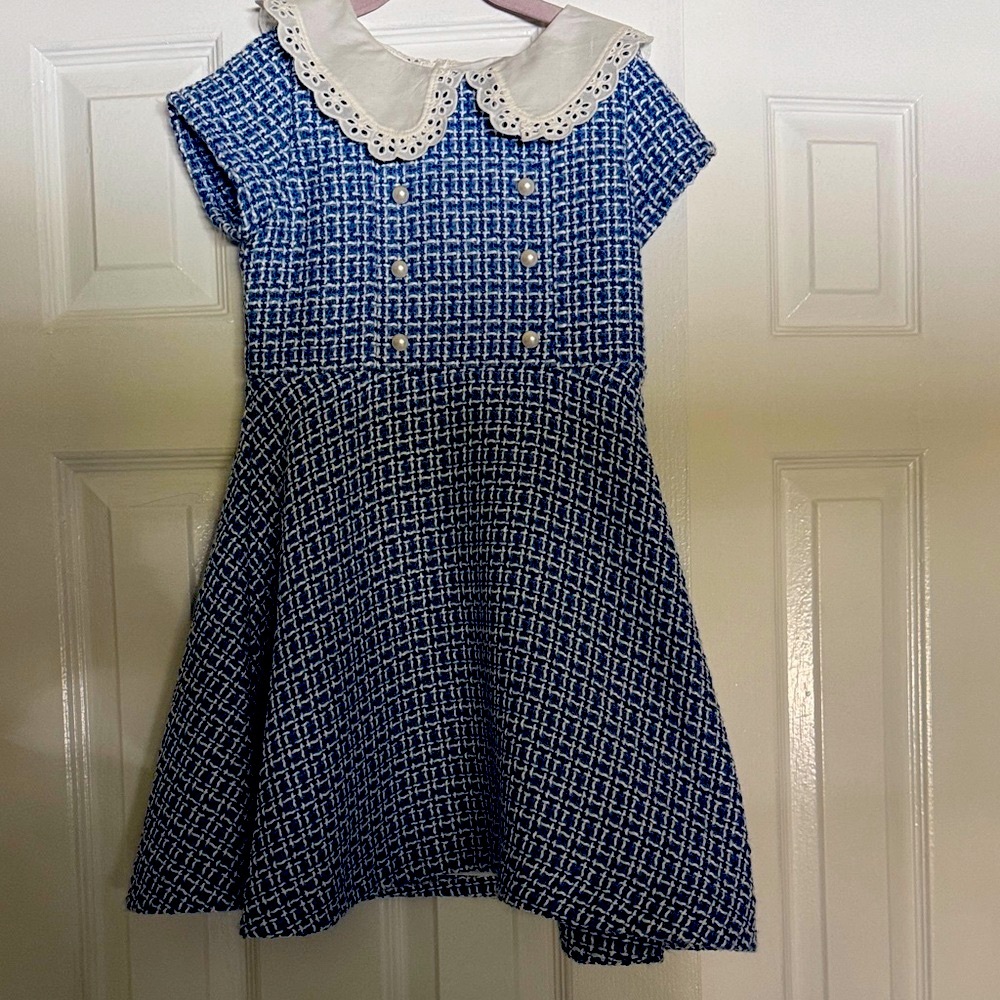 Janie and Jack Blue Tweed Dress with White Lace Collar